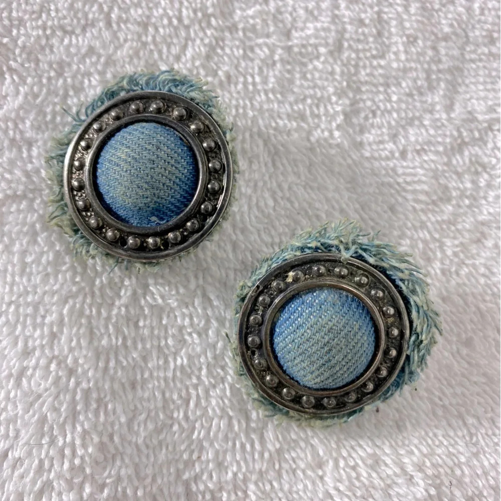 Vintage Blue Denim Circle Clip On Earrings